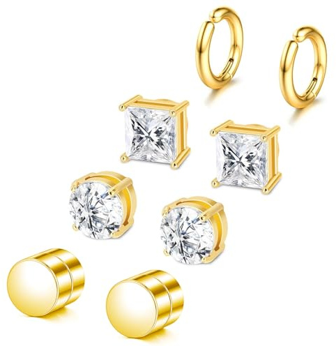 SIISPRI Magnetic Earrings for Men and Women,4 Pairs Clip on Earring Hypoallergenic Shiny Cubic Zirconia Stud Earrings Unisex Non Pierced Silver Ear Cuff Gold Fake Huggie Earrings Set (Gold)