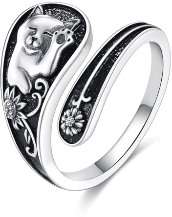 YONFQE Cat Spoon Ring Sterling Silver Animal Adjustable Ring Cute Cat Jewellery Gifts for Women
