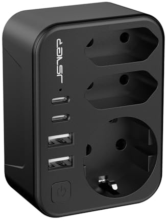JSVER 3-vägs Uttag för Sydafrika, Typ M-kontakt med 4 USB-laddningsportar (5V 17W), Reseadapter med Schuko-uttag för Namibia, Bhutan och Lesotho (Vit)