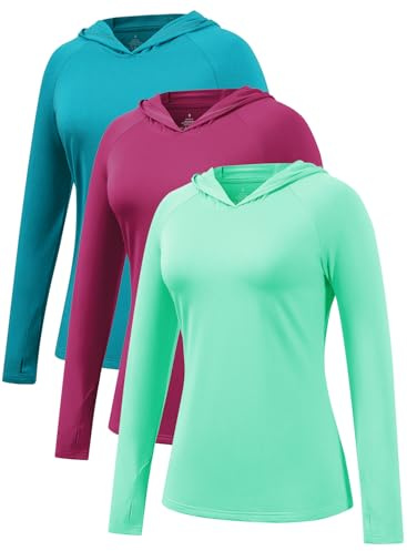 Ullnoy 3 Pack Women Long Sleeve Hoodies Protection Sun UPF 50+ Lightweight Gym Running Tops UV Breathable Quick Dry With Thumb Holes T-Shirt for Women Blue Green/Rose/Cyan L