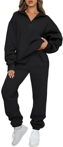JFAN Survêtements Femme Ensemble 2 Pièce Ensemble Sport Jogging Sweat Manches Longues Zippé Col V Chaud Set Pantalon Casual Outfit Noir S