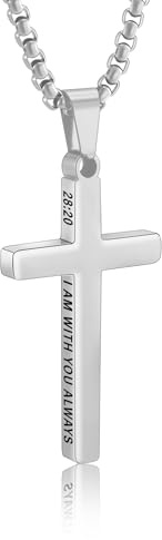 Silver Cross Necklace for Men Boys Mens Bible Verse Stainless Steel Cross Pendant Chain Men's Religious Christian Jewelry Gifts Teen Son Him 8-12 Confirmation First Communion Baptism Catholic 28:20