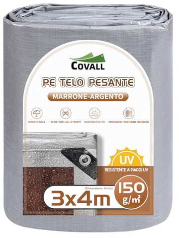 COVALL Telone 150g/㎡, misura pescato 3×4m, copertura per telo impermeabile resistente con occhielli rinforzati, telo resistente ai raggi UV, (Argento/Marrone)