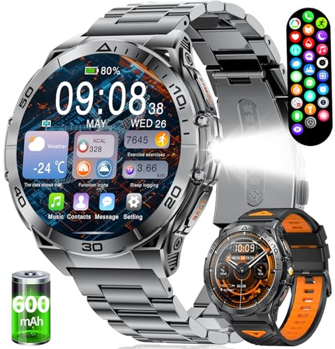 Montre Connectée Homme Militaire, 1.6 HD AMOLED avec Appel Bluetooth, 600mAh Batterie, Smartwatch Homme avec 100+ Modes Sport, 5ATM, Fréquence Cardiaque,Suivi du Sommeil,Android/iOS (Bracelet Double)