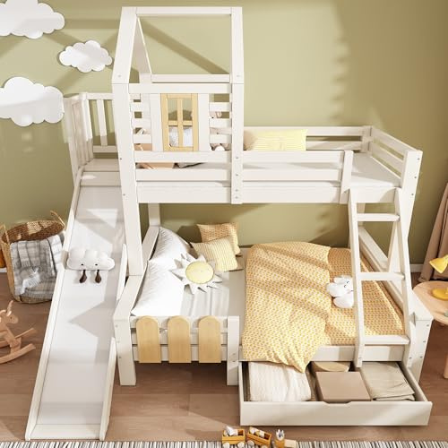 Lettino a castello, letto a castello, 90 x 200 e 140 x 200 cm, letto a soppalco con cassetto, scivolo e scala, con rete a doghe, design a casetta, senza materasso (bianco)