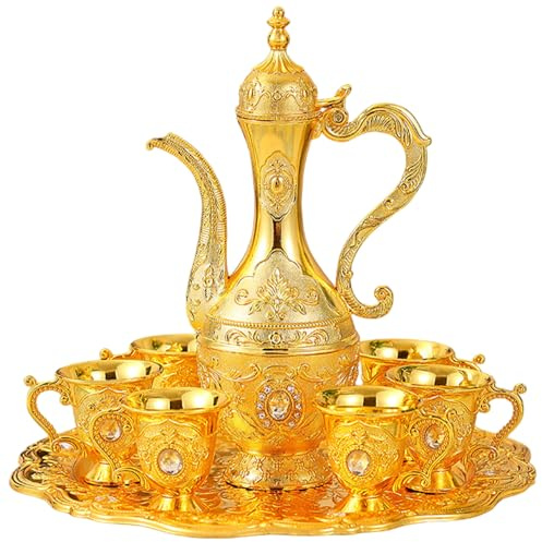 Odoukey Service à thé Turc Vintage Exquis, Ensemble de Tasses à café Turques dorées avec Plateau et 6 Tasses pour décorations de fête Domicile