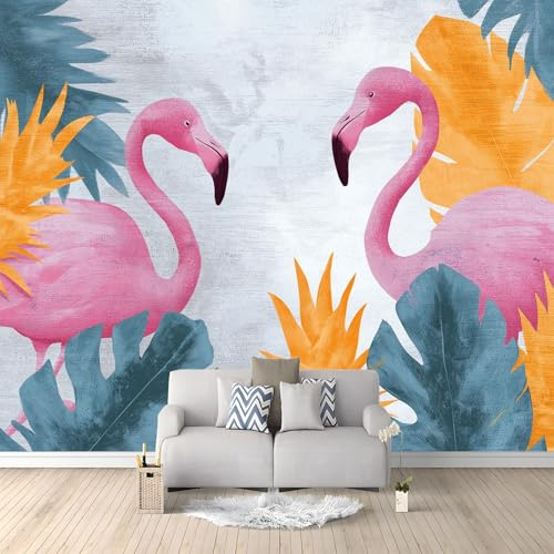 Fotomurales no tejido Hojas Tropicales Flamencos Dibujados A Mano 250x175 cm Papel Pintado Decoración de Pared Murales póster efecto 3D, Decorativos Murales para Dormitorio Salón TV Pared