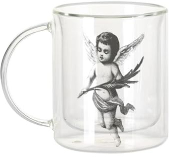 Fabulous Dubbelväggig glasmugg - julängel vintage retro svart och vit ritning - kaffekopp och isolerad 330 ml hängande effekt mot buller, tryck i Frankrike