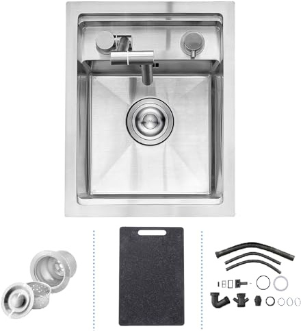 Fregadero Oculto de Barra de Cocina con Grifo Plegable, 30 x 45 cm Fregadero Cocina 1 Seno, Estación de Trabajo Oculta de Acero Inoxidable con Barra de Preparación de Cocina Pequeña Para RV, Cepillado