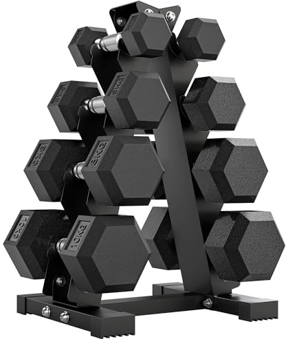 SPORTNOW Juego de Mancuernas de 8 Piezas 50 kg, Mancuernas Hexagonales 2x2kg, 2x5kg, 2x8kg, 2x10kg, con Soporte de Almacenamiento y Mango Antideslizante para Entrenamiento en Casa Gimnasio, Negro
