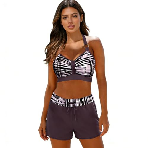 Traje de baño para mujer de 2 piezas sexy – Bikini para mujer de 2 piezas, cuello halter alto con anillo metálico, pantalón corto de baño estampado a rayas – estilo elegante para playa, piscina