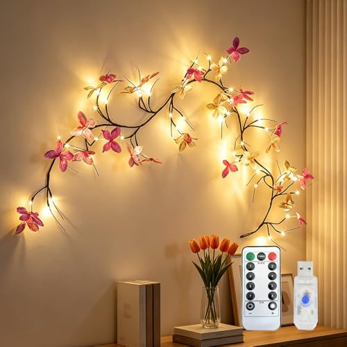 WRQIOO 36LEDs Lichterkette Schmetterling, 8 Modi 1.6M Schmetterling Lichterkette mit Fernbedienung, Farbiger Weidenranken lichterketten mit USB Betrieben für Frühlings Schlafzimmer Partys