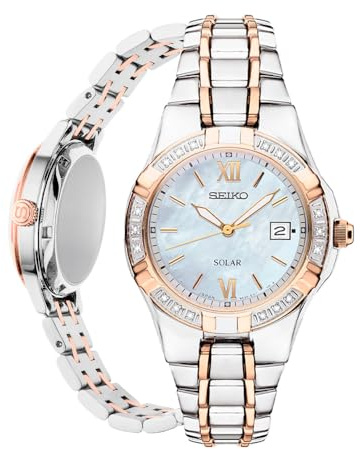 SEIKO SUT068 Watch for Women - Diamond Collection - with 18 Diamond Accents, Solar Power, Mother-of-Pearl Dial, Two-Tone Rose Gold Stainless Steel Case & Bracelet, and Water-Resistant to 50m