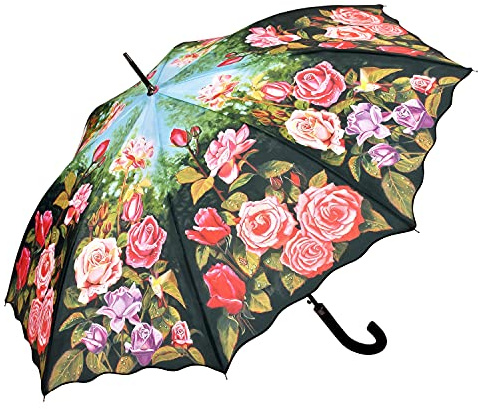 VON LILIENFELD® Parapluie Roseraie Fleur Canne Grand Robuste Ouverture Automatique Résistant au Vent