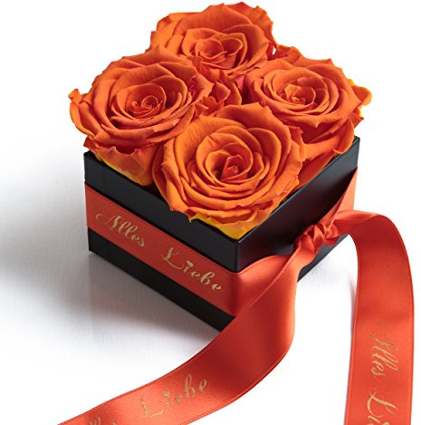 Rosenbox 4 langlebige echte Rosen haltbar 3 Jahre 8,5x8,5cm - Geschenk zum Muttertag (Alles Liebe, Orange)