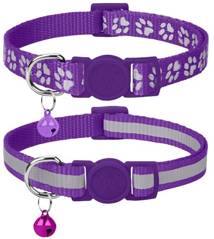 Taglory Reflective Cat Collar Breakaway with Bell, High Visibility Night Strip, Lightweight Adjustable Nylon Collar for Boy Girl Cats, 2 Pack, 7.5-12.5 Inch, Purple