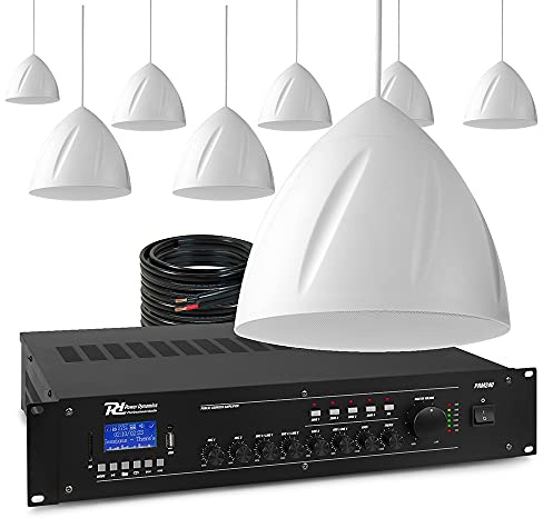 Power Dynamics Hanging Pendant Speaker System Public Address PA Kit - 8 x 5.25 White Speakers, 240W Mixer Amplifier, Bluetooth, Zoned Audio for Warehouse, Retail, Church, Restaurant Installations