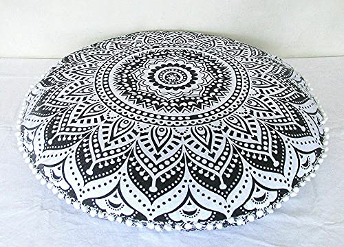 32 Mandala Large Floor Pillow Cover Meditation Cushion Seating Throw Hippie Round Colourful Decorative Bohemian Accent Boho Chic dog bed Indian Pouf Ottoman Handmade COVER ONLY (Ombre-Black)