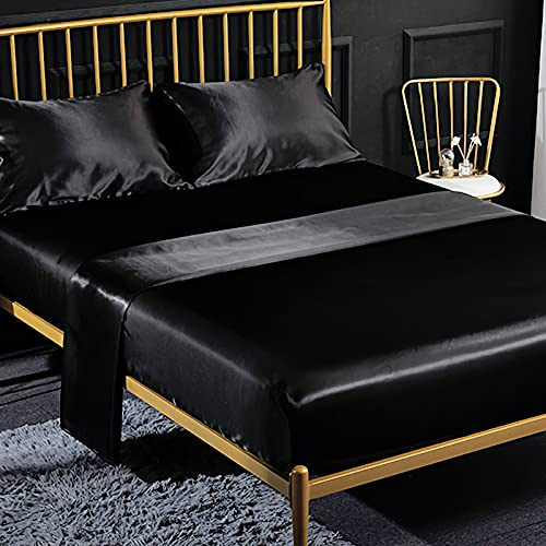 Jemiipee Juego de Sabanas de Cama Raso Color Sólido, 1 x Sábana Bajera Ajustable 150x200 cm con 35 Bolsillo Profundo, 1 x Encimera y 2 x Fundas de Almohada, Negro