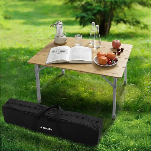 Navaris Mesa Camping Plegable - Mesa de Camping Plegable 65 x 50 cm con 3X Altura Regulable - Mesas Plegables Portatiles de Bambú con Patas de Aluminio - para Jardín Playa Picnic