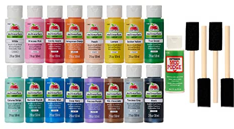 Apple Barrel Multi PROMOABMPO22, 21 Piece DIY Set Featuring 16 Surface Paints, 1 Mod Podge Outdoor Acrylic Sealer and 4 Foam Brushes, Large