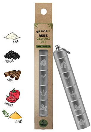 Reise- und Picknick Gewürz-Set | Outdoor Reisegewürzset 5-in-1 Mini Camping Gewürzstreuer | Wasserdichte, Kleine & Leichte Aluminium Gewürz-Dosen | inkl. 5 hochwertiger Gewürze Silber