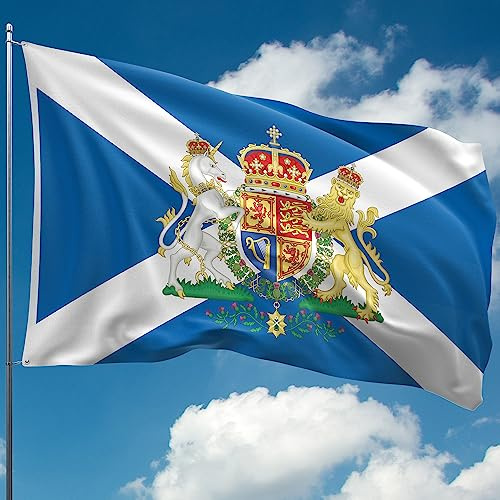 Bandiera scozzese di Sant'Andrews Saltire con stemma reale, stampa digitale fronte/retro, poliestere spesso 110 denari, doppia cucitura, 2 occhielli in ottone, grande 1,5 x 0,9 m