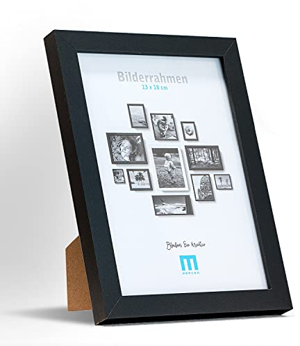 Zeitlos, moderner Bilderrahmen aus MDF, schwarz für 13x18cm kleine Fotos und Bilder. Inkl. Acrylglasschutz. Er eignet sich als Tisch-Aufsteller und für die Wand, im Hochformat oder Querformat.