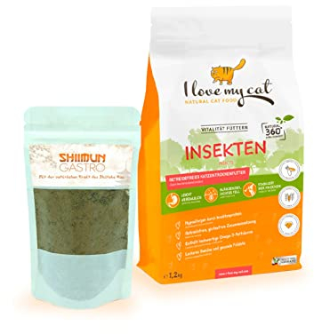I Love My Cat Sparset für Katzen mit empfindlicher Verdauung – Getreidefreies Trockenfutter mit Insektenprotein 1,2 kg & Ergänzungsfuttermittel Shiimun Gastro mit Shiitake 50 g