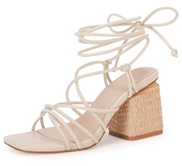 PiePieBuy Women's Lace Up Chunky Braided Heel Sandals Square Toe Strappy Ankle Strap Heels