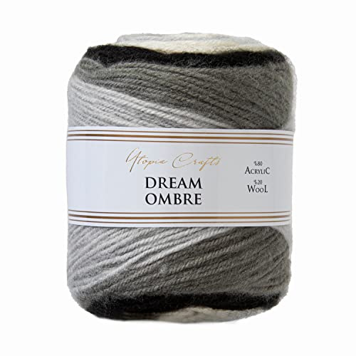 Utopia Crafts Dream Ombre Aran Multicolour Brushed Knitting and Crochet Yarn, 150g (Black Grey)