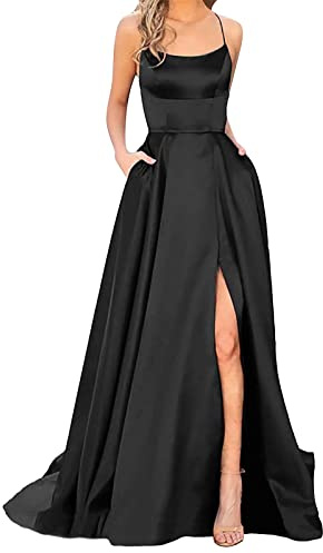 Damen Elegant Lange Ballkleider mit Taschen Satin A-Linie Backless Hochzeitskleid Abendkleider Sexy Neckholder Spaghetti Brautkleid Kleider Lang Prinzessin Brautjungfer Kleid Partykleid