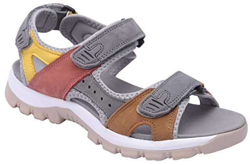 Harssidanzar Women's Sports Hiking Sandals Adjustable Strap Leather Sandals For Women Outdoor Sports Sandals Walking SL256UK,Tan Grey,Size 5 UK