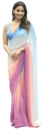 Sidhidata Dam tryckt ren Georgette sari med osydd blusstycke (Rocky Aur Rani Ki Prem Kahani Saree), flerfärgad, One Size