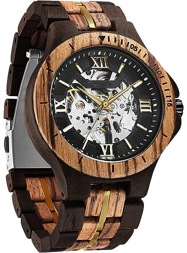 FORSINING Mechanische Skelettuhr für Herren, massives Holz, Vintage-Holzband mit hohlem Zifferblatt, automatische Selbstaufziehung