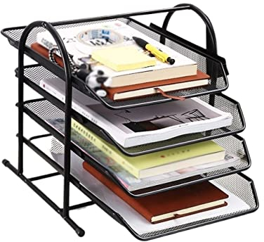 Schreibtisch Briefablage Dokumentenablage Metall-Eisen-Mesh-4-Tier-Datei-Tablett-Schubladen-Datei-Regal-Fach-File-Manager Großer Kapazitäts-Mesh-Desk-Organizer, schwarz Dokumentenablage