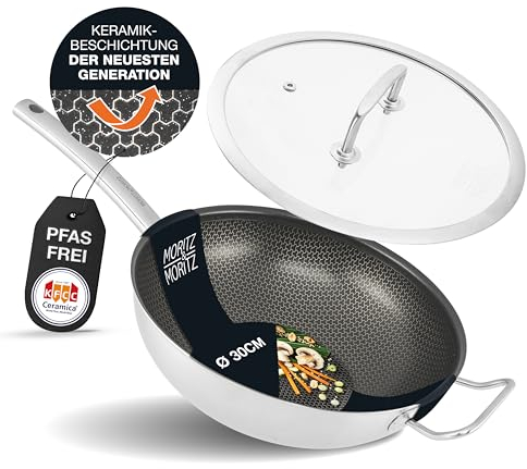 Moritz & Moritz Edelstahl Wokpfanne mit Deckel 30cm und Keramikbeschichtung der neuesten Generation - für alle Herdarten geeignet - Antihaft Wok Wabenstruktur zum Kochen, Braten und Schmoren