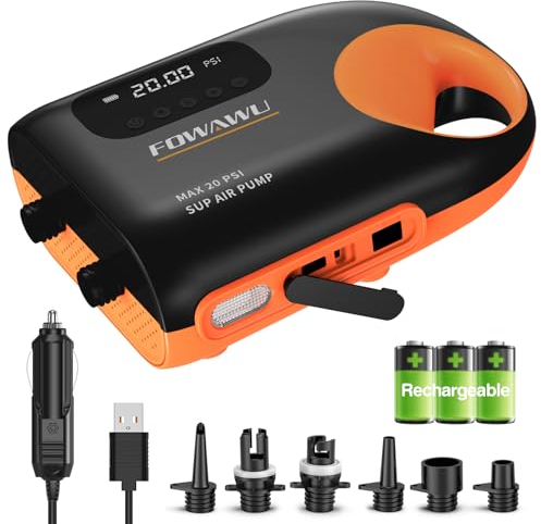 FOWAWU 20PSI SUP Air Pump with 3*7800mAh Rechargeable Battery,Paddle Board Pump Intelligent Dual Stage Inflation & Deflation Function,Auto-Off,Stand Up Paddle Board inflator with 12V DC Car Connector