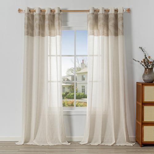 MYSKY HOME Gardinen Leinenoptik Vorhang Kinderzimmer Gardine Halbtransparent Boho Vorhänge Moderner Natürlicher Blattmuster 2er Set H 225 x B 140 cm Geeignet für Wohnzimmer, Braun