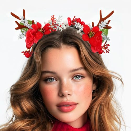Vakkery Weihnachts Haarreif Rentier Geweih Stirnbänder Weihnachtlicher Haarschmuck mit Blumen für Erwachsene und Frauen (Style B)
