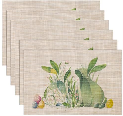Banchif Abwaschbar Doppelseitig Tischsets 6er Set, Ostereier mit Blüten Cartoon Kaninchen tischdeko Ostern Frühling Bankett Tischsets Urlaub Party Dekor Tischsets Saisonal Platzsets Beige