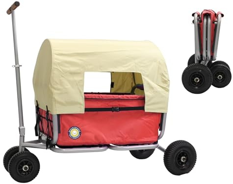 Beachtrekker Life Faltbarer Bollerwagen, klappbarer Handwagen + Feststellbremse + Sonnenverdeck (Gummi/PU-Reifen, Rot)