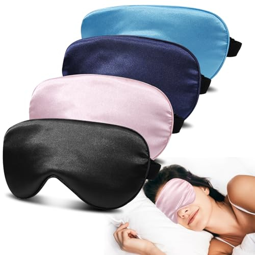 4-pack supermjuka sömnmasker i siden – 100% ljusblockerande, trycker inte mot ögonen, sömnmask med justerbart band, resesömnmask (svart, rosa, blå och pastellblå)