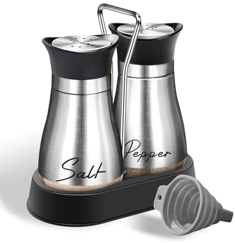 Salz und Pfefferstreuer Set, 2 Stück Glasboden Salzstreuer, Salz Pfefferstreuer mit Halter aus Glas und Edelstahl für Küche, BBQ, Wohnmobil Nachzufüllen und zu Verwenden (Silvery)