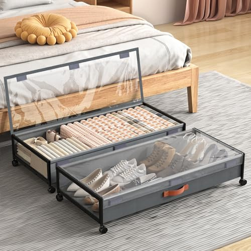 Under Bed Storage Containers with Wheels Large Underbed Shoes Blankets Clothes Toy Storage Drawers for College Dorms Bedrooms Nursery Rooms Organization (Grey 2 Pack, 7.5in height(36x16.6x7.48))