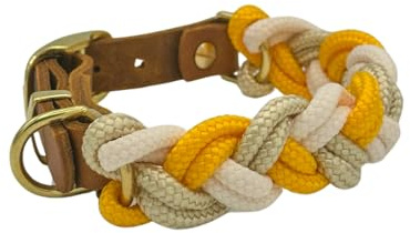 Pfoten Chic geflochtenes Tau Halsband | Tauhalsband geflochten für Hunde mit edlen Leder Applikationen | Leder Halsband (Cream Honey Light Gold, Beschläge Gold)