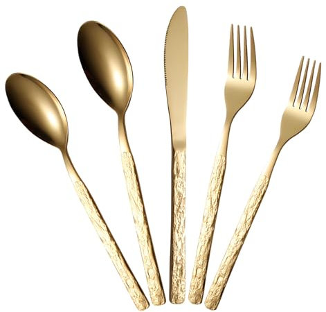 LHLZNB 5 Pieces Gold Cutlery Sets，Cutlery Set,Stainless Steel Flatware Set for, Spoon Knife and Fork Sets, Mirror Polished and Dishwasher Safe, Silverware Set for Home, Kitchen. (Golden)