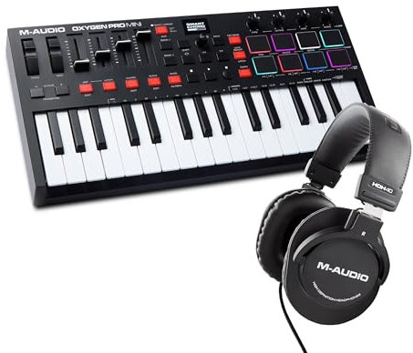 M-Audio Oxygen Pro Mini 32 Key USB MIDI Keyboard Controller with Beat Pads and HDH40 Over Ear Studio Headphones