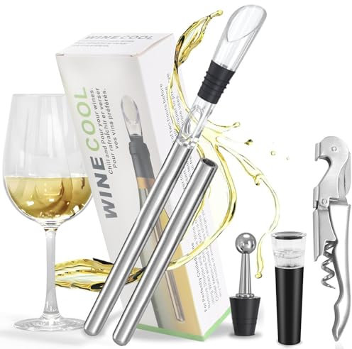 Minnhua 6 in 1 Refrigeratore per Bottiglie Vino,2 Asta di Raffreddamento+1 Raffreddamento+ 1 Cavatappi da cameriere + 1 Tappo per Vino con Pompaggio a Vuoto + Versatore in Acciaio Inossidabile