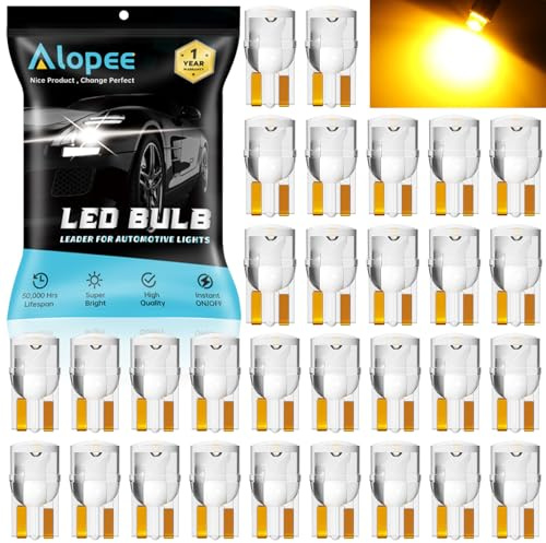 Alopee 30 Pack 194 Led Bulb Amber Acrylic T10 Amber Led Bulb DC 12V Car Interior Lights for 194 168 T10 2825 W5W Gauge Cluster Marker Dome Light